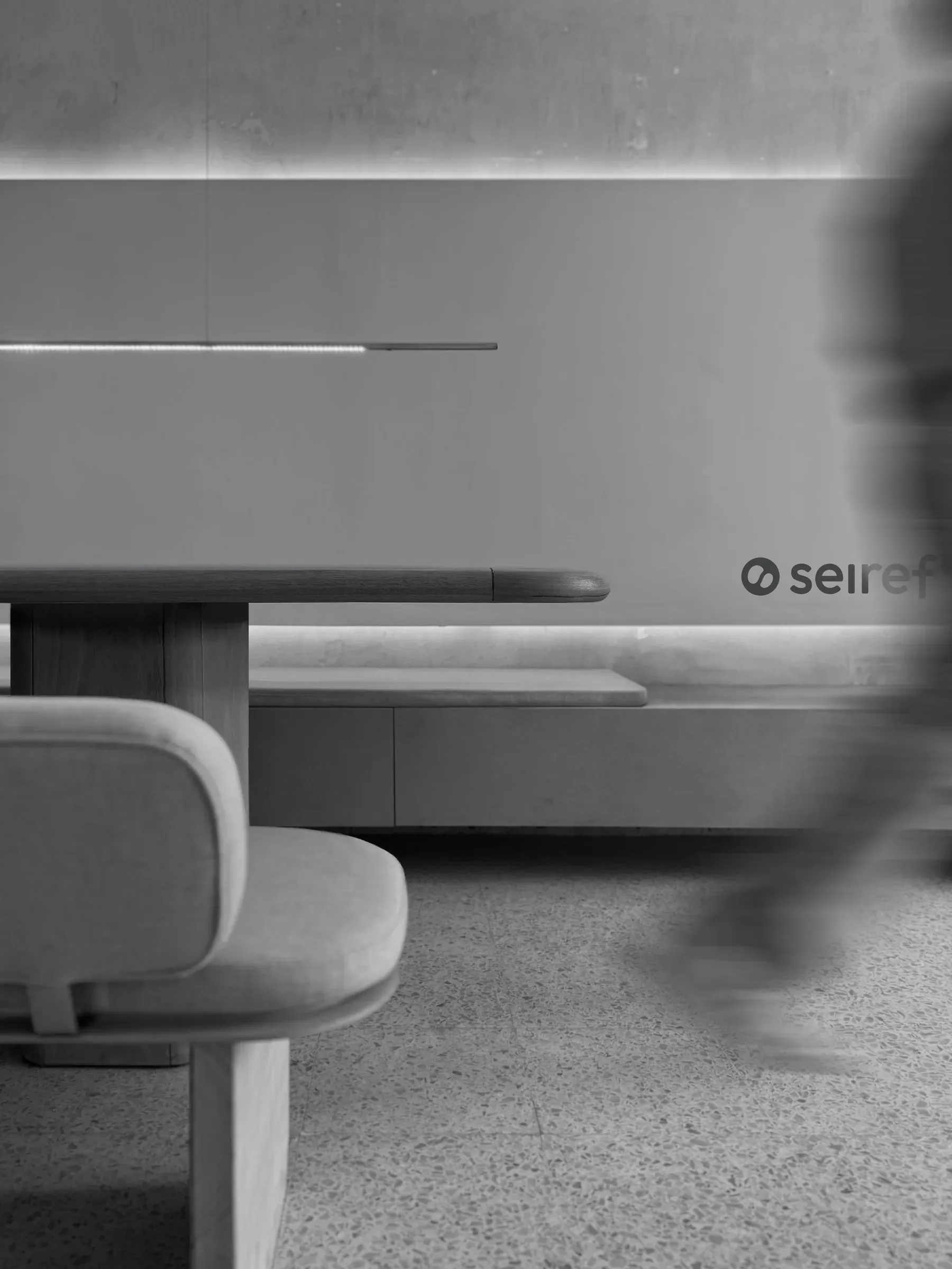 Wooden table and bench at the Seiref studio